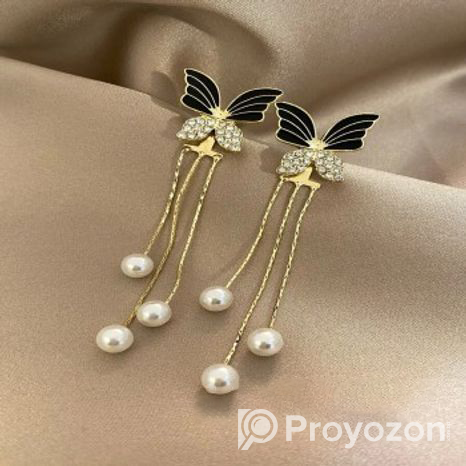 Cubic Zirconia Decor Butterfly & Faux Pearl Drop Earrings